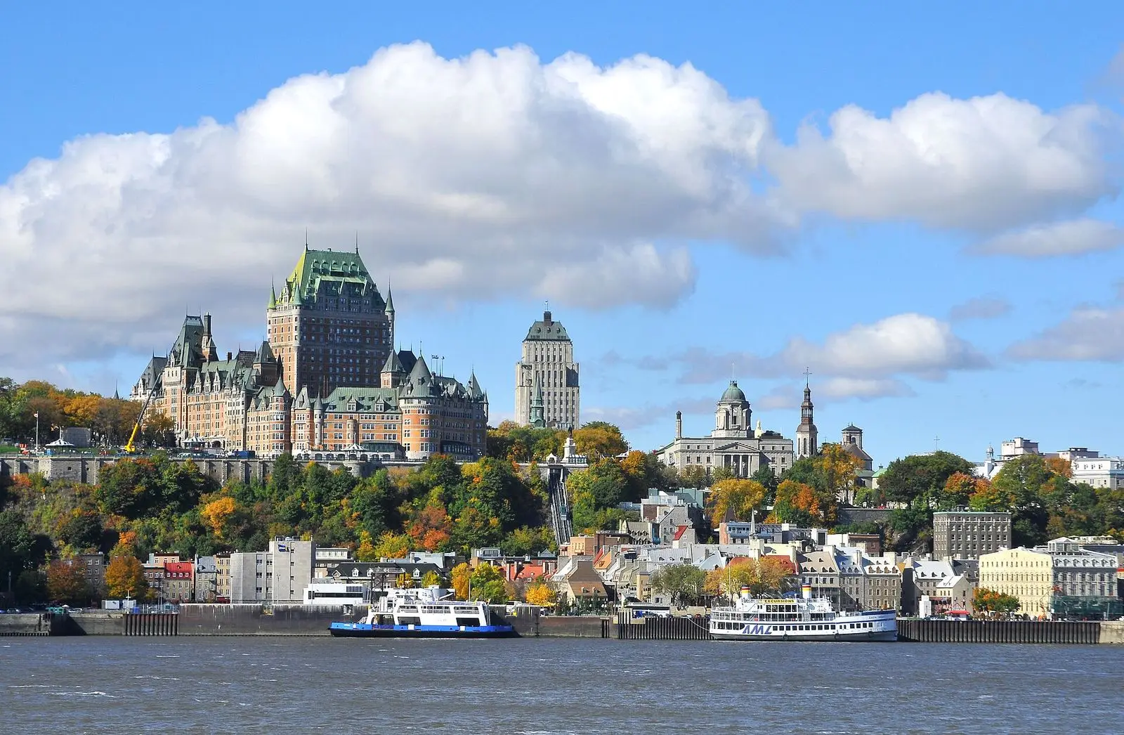 The Old Town of Quebec City with the Chateau Frontenac above the St Lawrence River, seen from Levis